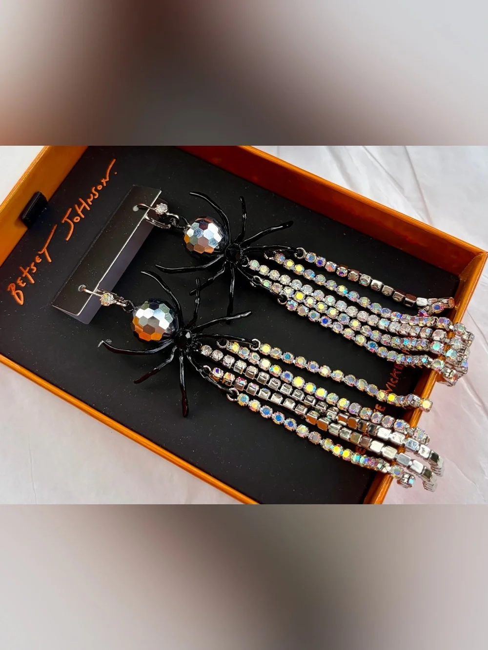 NWT BETSEY JOHNSON Black Spider Earrings with Iridescent Crystal Tassels